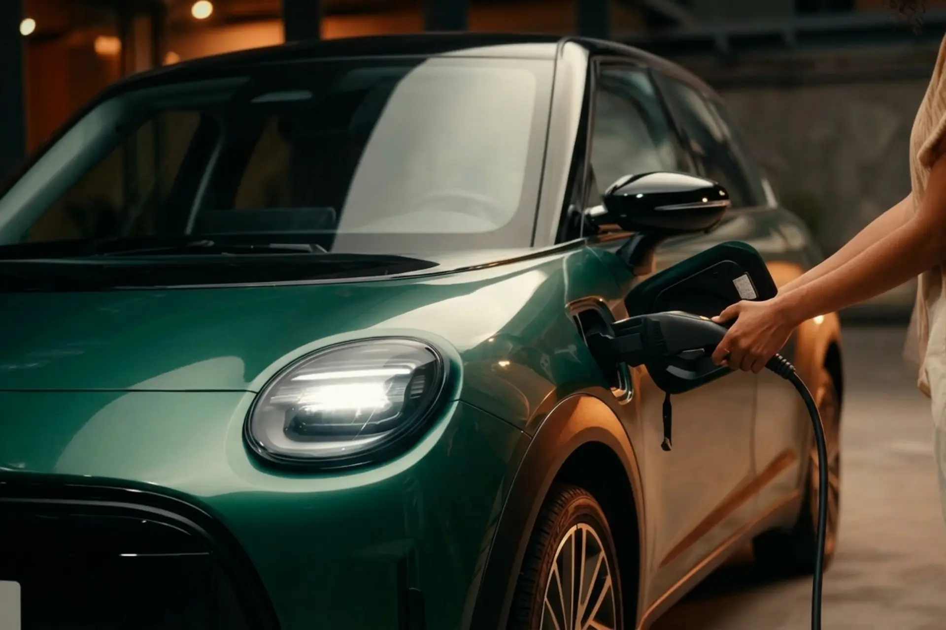 Persona conectando el cargador a un carro eléctrico verde para recargar la batería