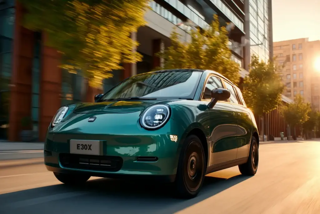 JAC E30X eléctrico verde circulando por una avenida de la ciudad al atardecer